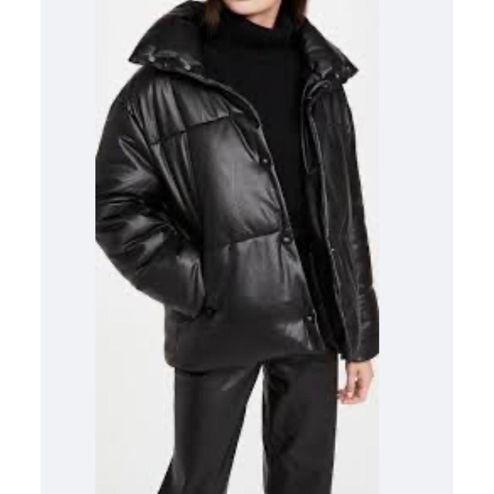 NVLT Black Faux Leather Puffer Jacket Funnel Neck Snap Coat Small Streetwear